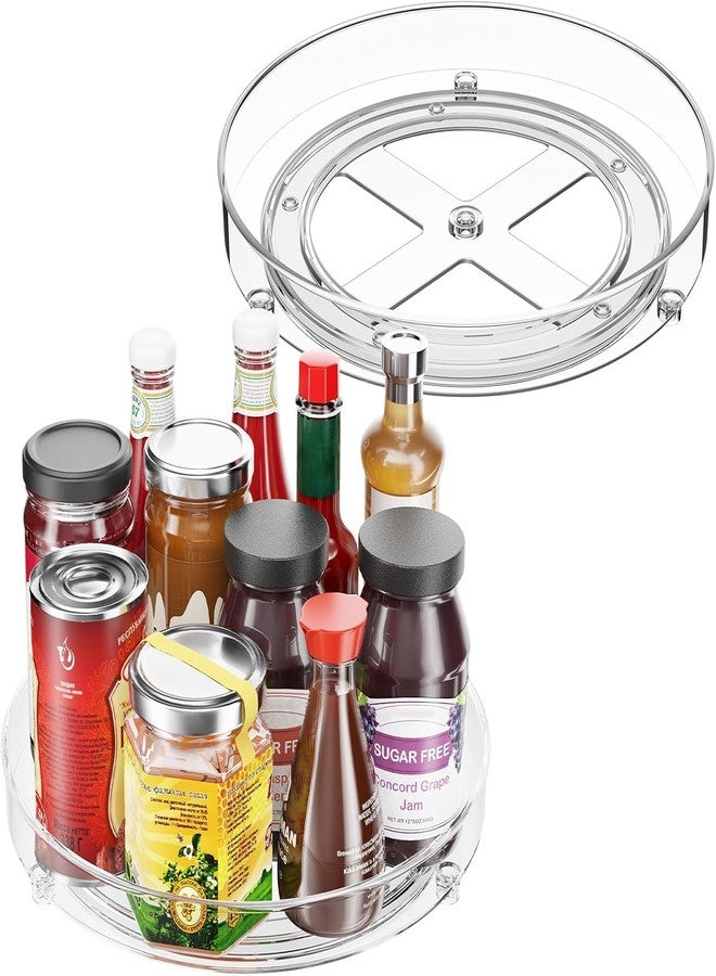 Xacton Clear Lazy Susan Turntable Organiser Tray | Transparent Acrylic Round Organisers | 360° Rotating Kitchen & Fridge, Bathroom & Makeup Storage Rack for Spices, Sauces, Jars & Bottles - 10 Inch - Image 1